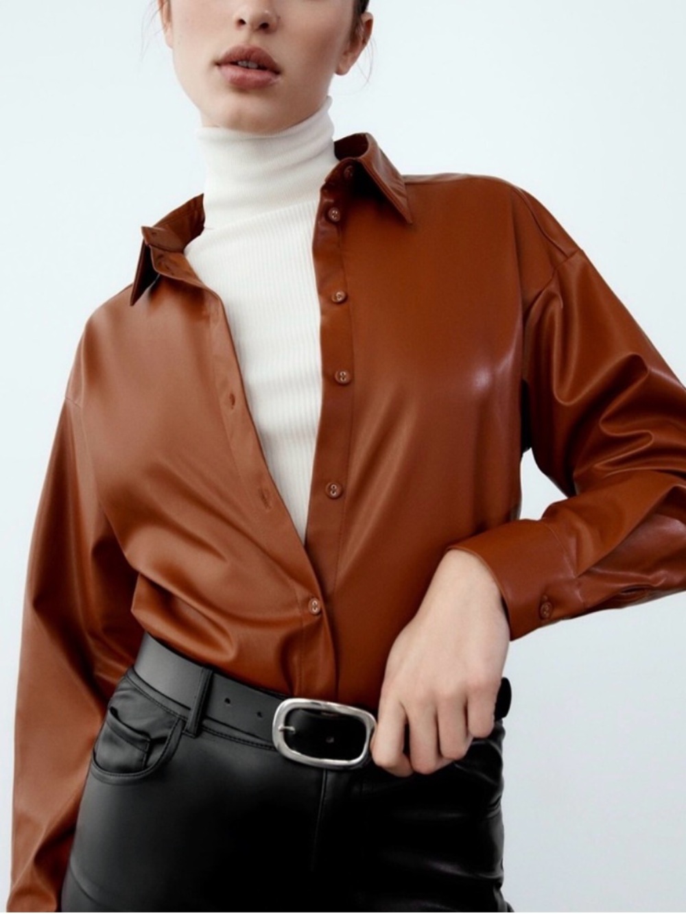 Zara Cognac Brown Faux Leather Overshirt Vacation Shacket Streetwear Chic